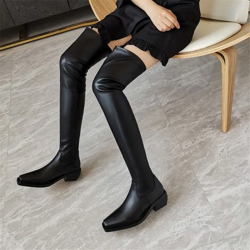 Elasticity Crude Heel Cowhide Slip On Zipper Boot For Women