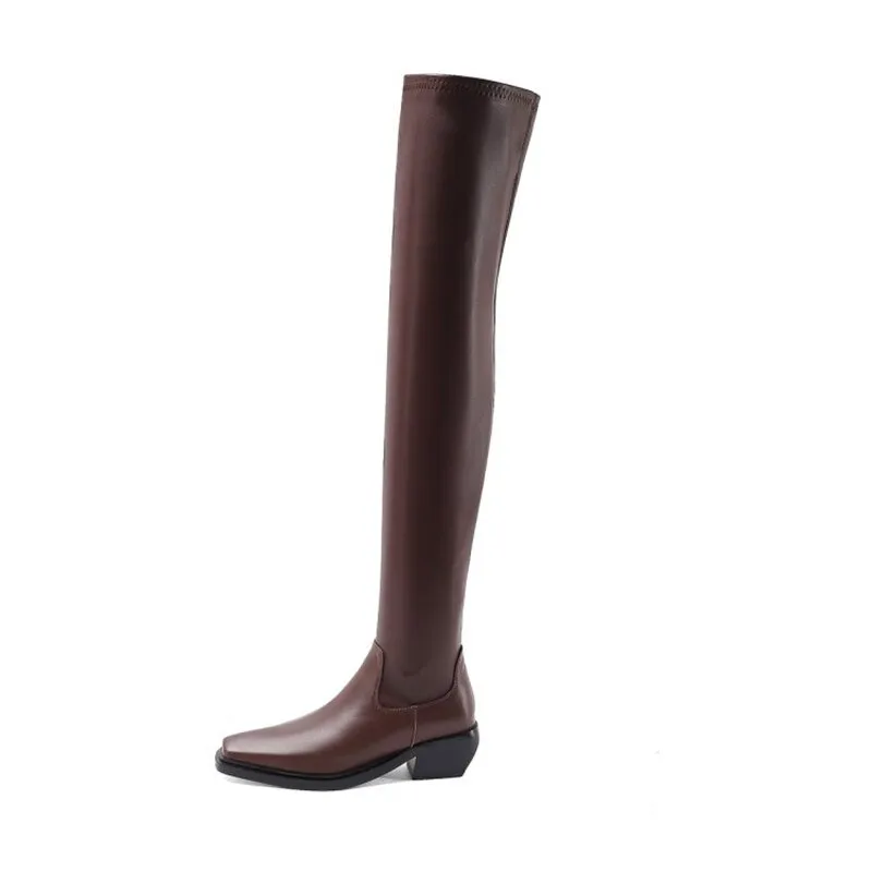 Elasticity Crude Heel Cowhide Slip On Zipper Boot For Women