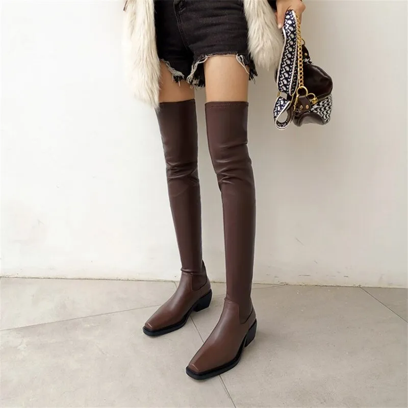 Elasticity Crude Heel Cowhide Slip On Zipper Boot For Women