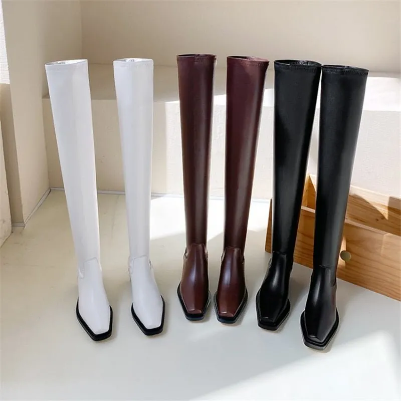 Elasticity Crude Heel Cowhide Slip On Zipper Boot For Women