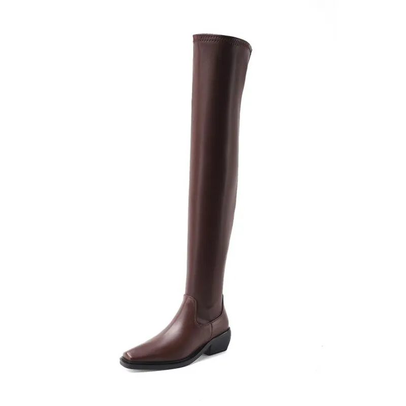 Elasticity Crude Heel Cowhide Slip On Zipper Boot For Women