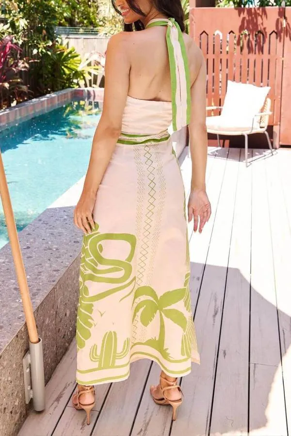 Elegant And Sexy Ethnic Print Slim-Fit Halter Neck Maxi Dress