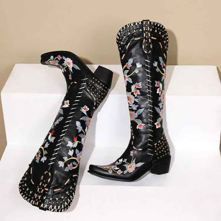 Embroidered Metal Studs Color block Women's Knee Boots