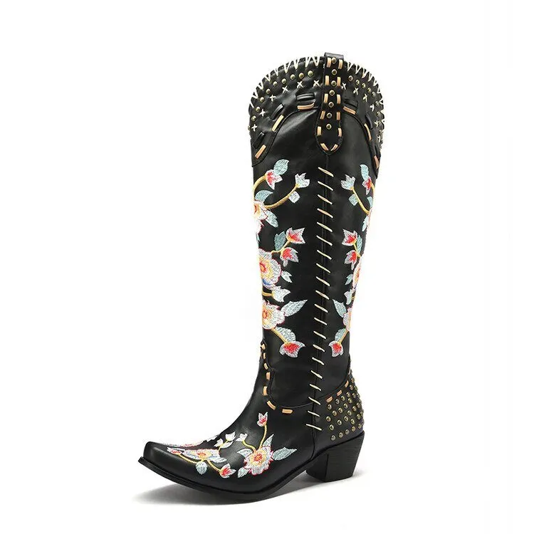 Embroidered Metal Studs Color block Women's Knee Boots