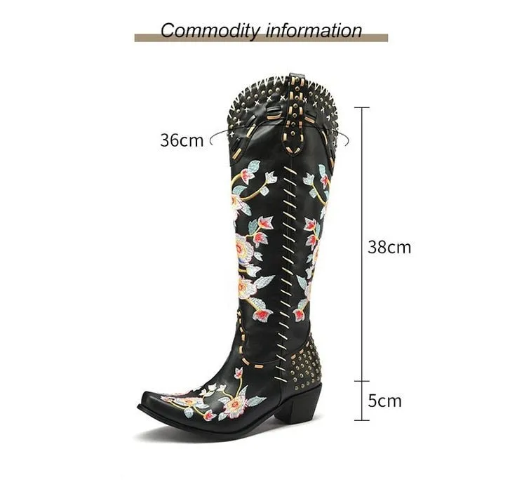 Embroidered Metal Studs Color block Women's Knee Boots