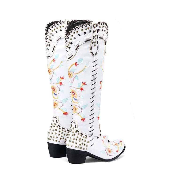 Embroidered Metal Studs Color block Women's Knee Boots