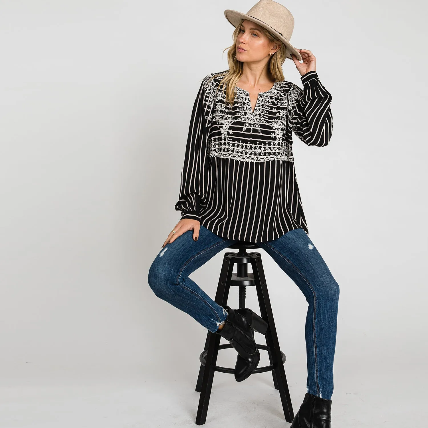 Embroidered  V Neck Blouse