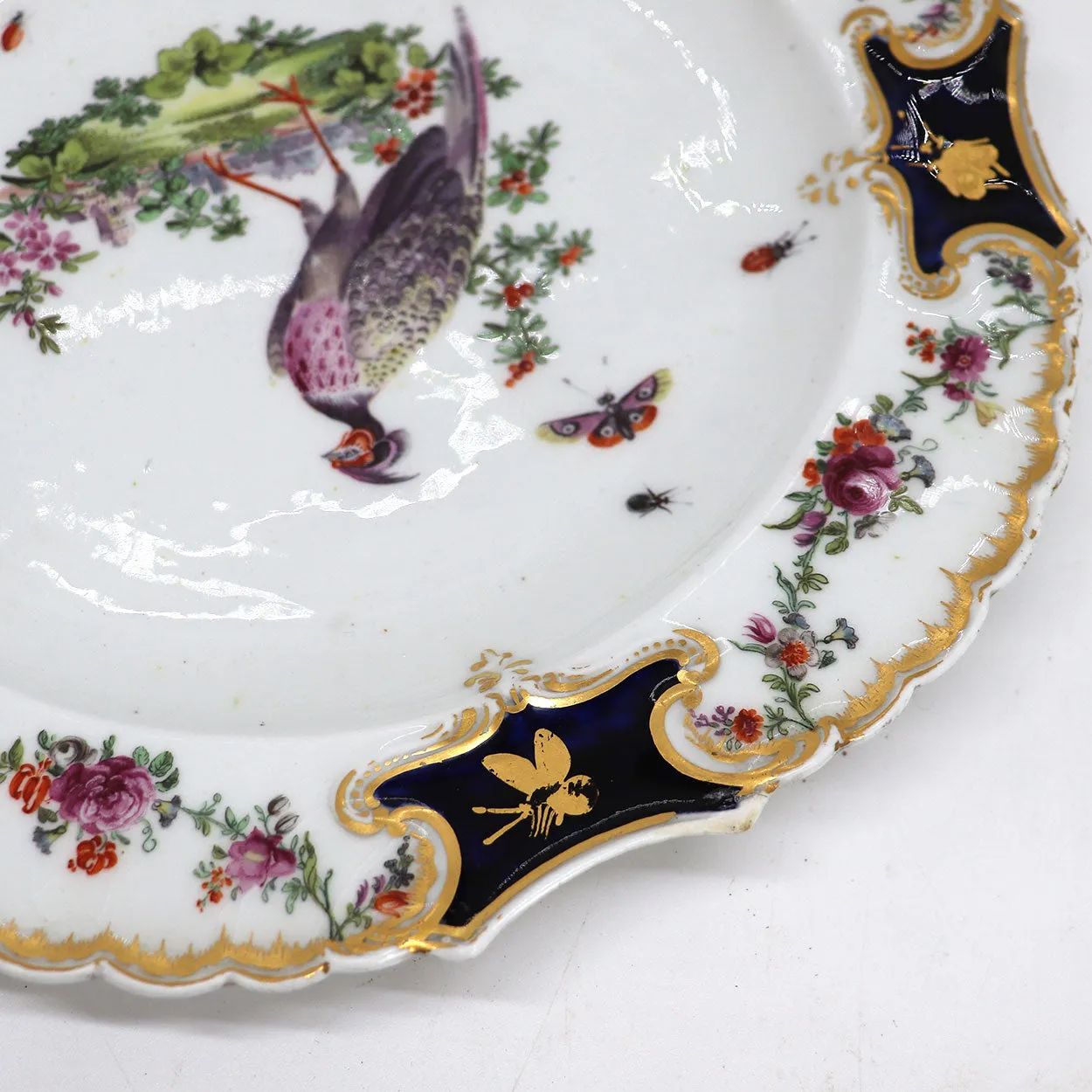English Chelsea Soft Paste Porcelain Exotic Bird Gilt and Mazarine-Blue Mecklenberg-Strelitz Type Plate