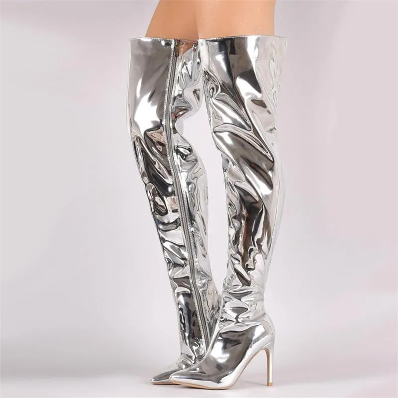 Fashion Pointed Toe Over Knee Side Zipper Thigh-High Boots With Stiletto Heels