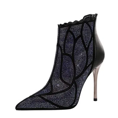 Fashion sexy banquet metal with stiletto super high heel pointed thin nightclub rhinestone ankle boots