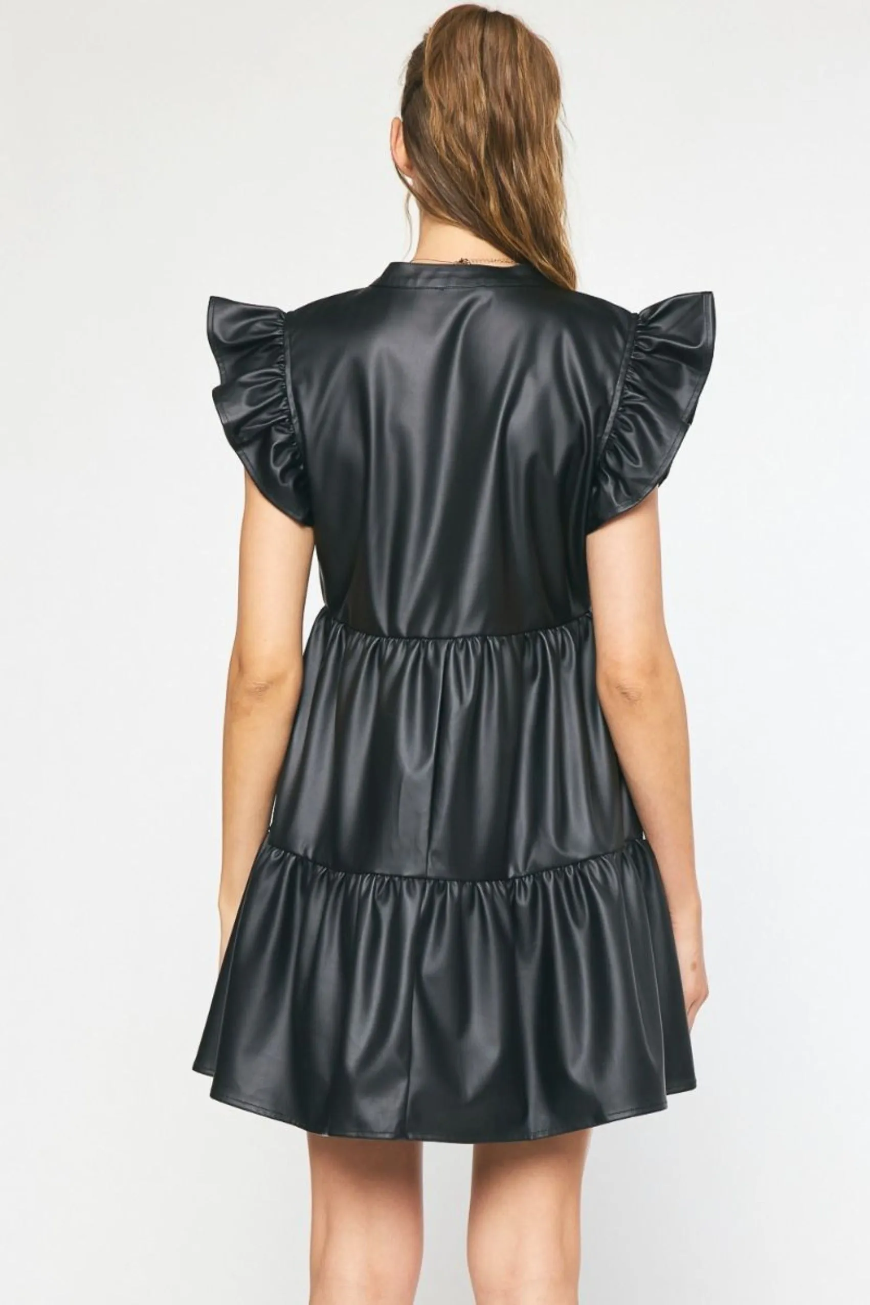 Faux Leather Ruffle Sleeve V Neck Tiered Mini Dress - Black - FINAL SALE
