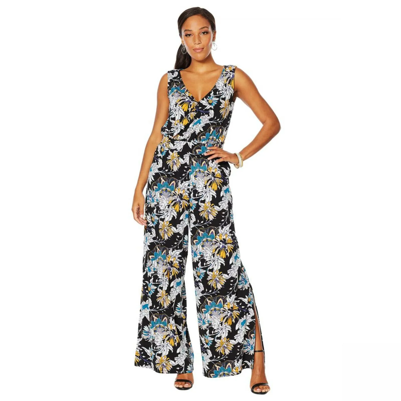 G by Giuliana Women's Knit Jumpsuit Black Floral XL
