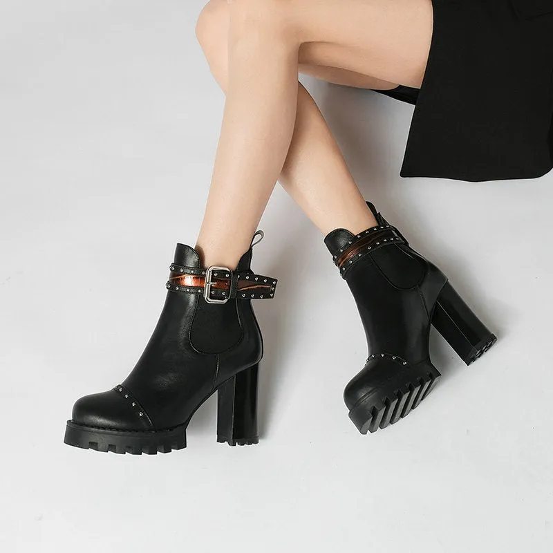 Genuine Leather Ankle Boots Round Toe Women
