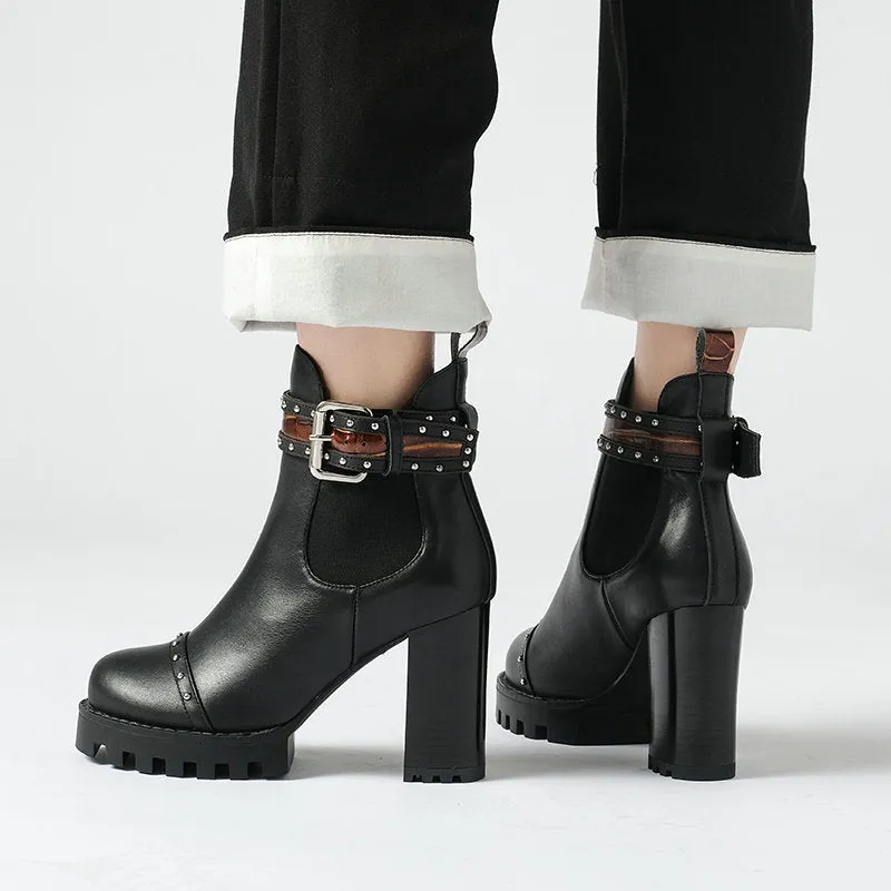 Genuine Leather Ankle Boots Round Toe Women