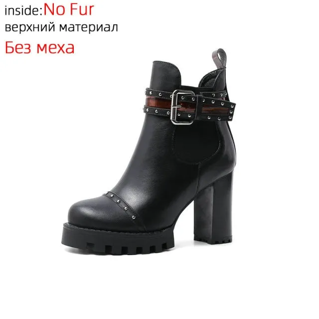 Genuine Leather Ankle Boots Round Toe Women