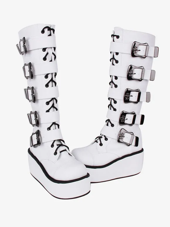 Gothic Lolita Boots PU Leather Two-Tone Grommets Round Toe White Lolita Footwear