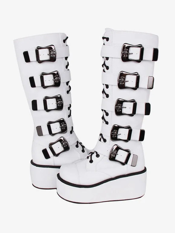 Gothic Lolita Boots PU Leather Two-Tone Grommets Round Toe White Lolita Footwear