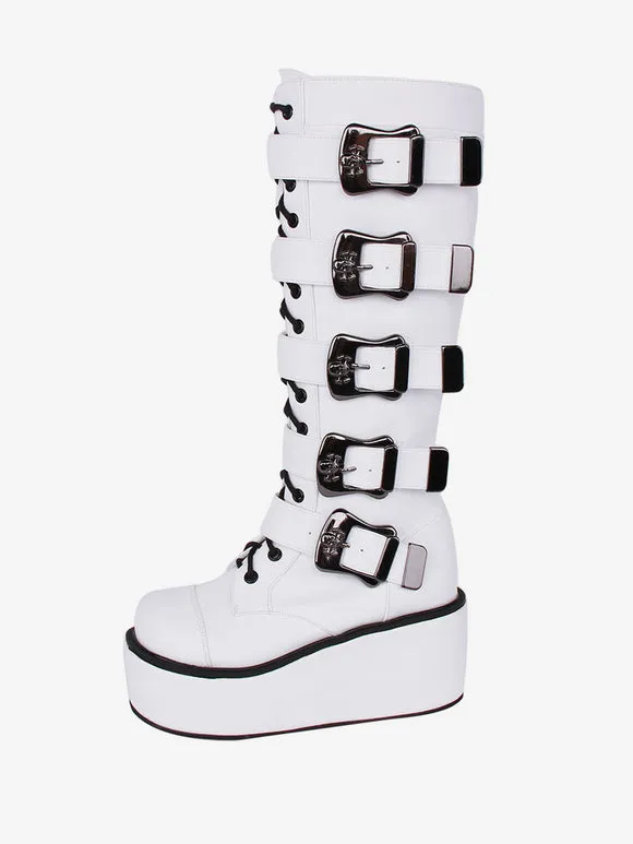 Gothic Lolita Boots PU Leather Two-Tone Grommets Round Toe White Lolita Footwear