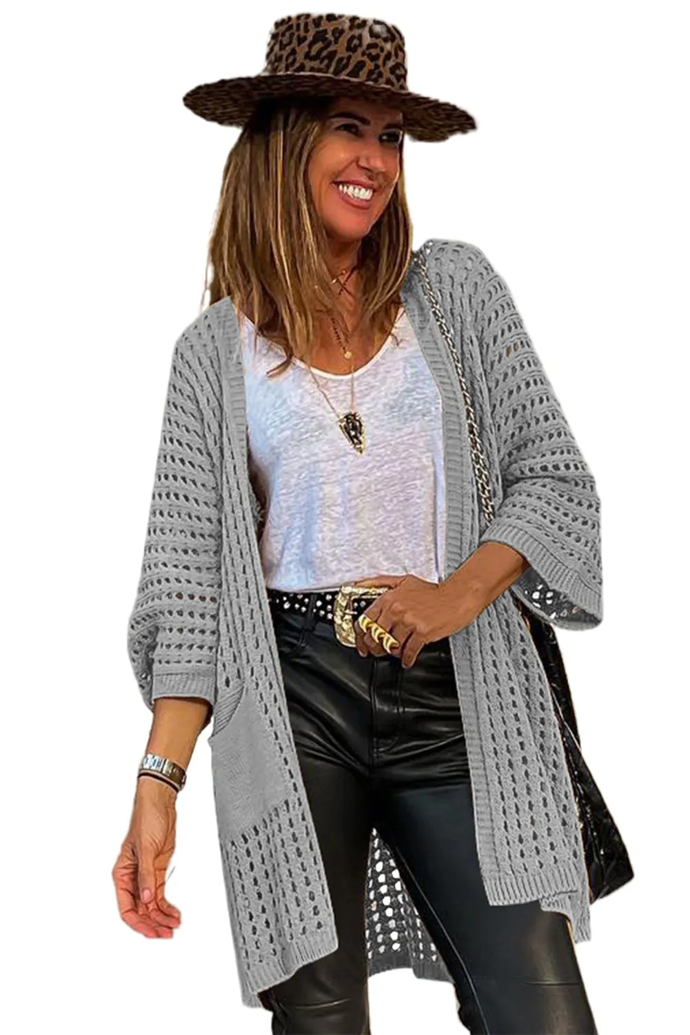 Gray Pointelle Knit Pocket Open Front Cardigan