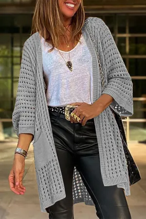 Gray Pointelle Knit Pocket Open Front Cardigan