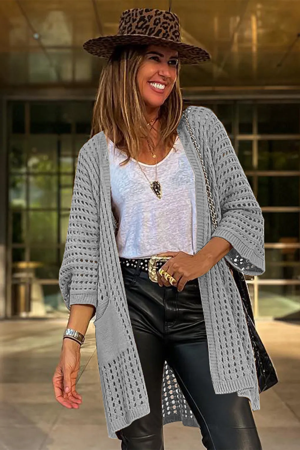 Gray Pointelle Knit Pocket Open Front Cardigan