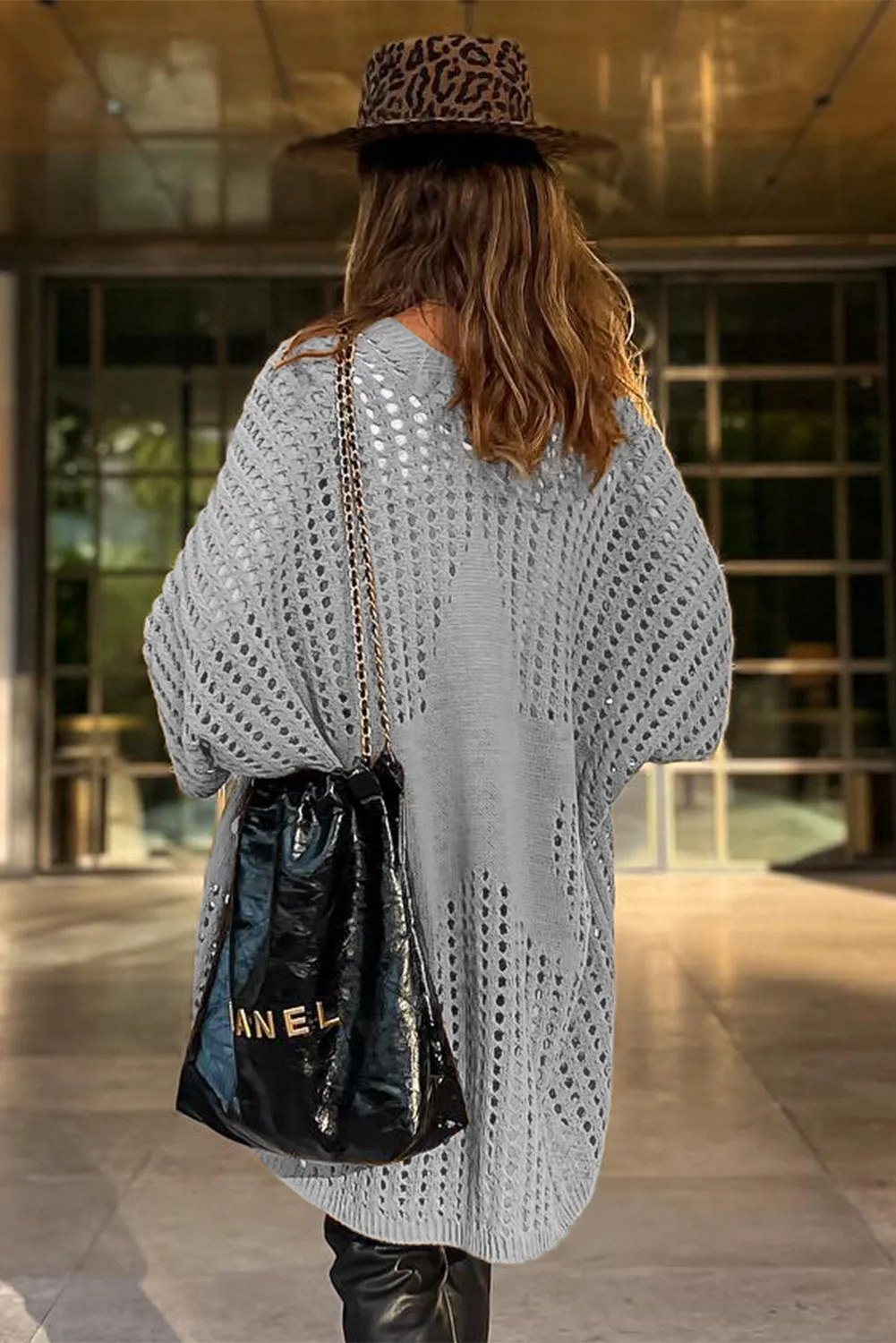 Gray Pointelle Knit Pocket Open Front Cardigan