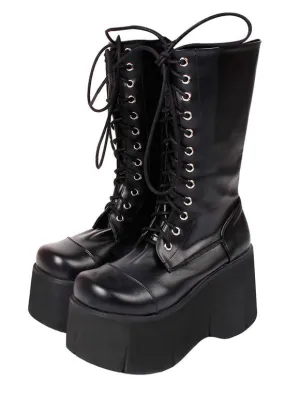 Harajuku Fashion Lolita Boots Black Silver Round Toe Flared Heel PU Leather Lolita Footwear