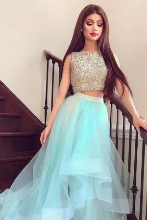 High Low Two Piece Bateau Sleeveless Rhinestone Long Tulle Prom Dress Party Dress  OHC303
