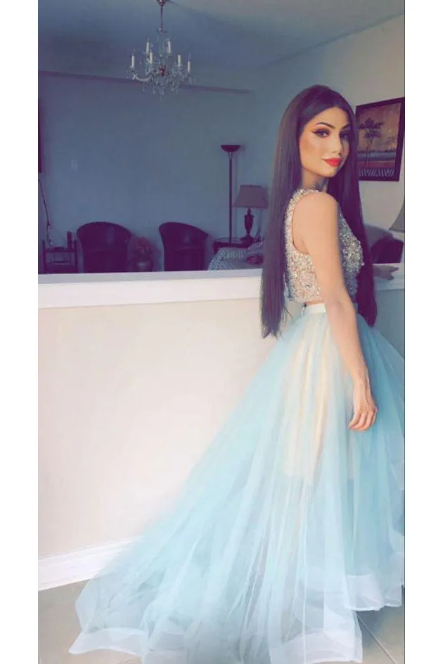 High Low Two Piece Bateau Sleeveless Rhinestone Long Tulle Prom Dress Party Dress  OHC303
