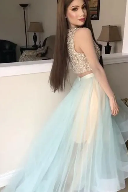 High Low Two Piece Bateau Sleeveless Rhinestone Long Tulle Prom Dress Party Dress  OHC303