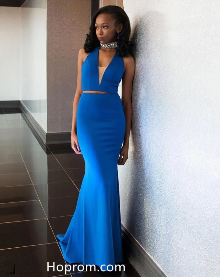 High Neck Royal Blue Two Piece Prom Dresses