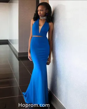 High Neck Royal Blue Two Piece Prom Dresses