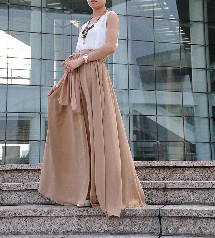 High Waist Maxi Skirt Chiffon Silk Skirts Beautiful Bow Tie Elastic Waist Summer Skirt Floor Length Long Skirt (037), #105