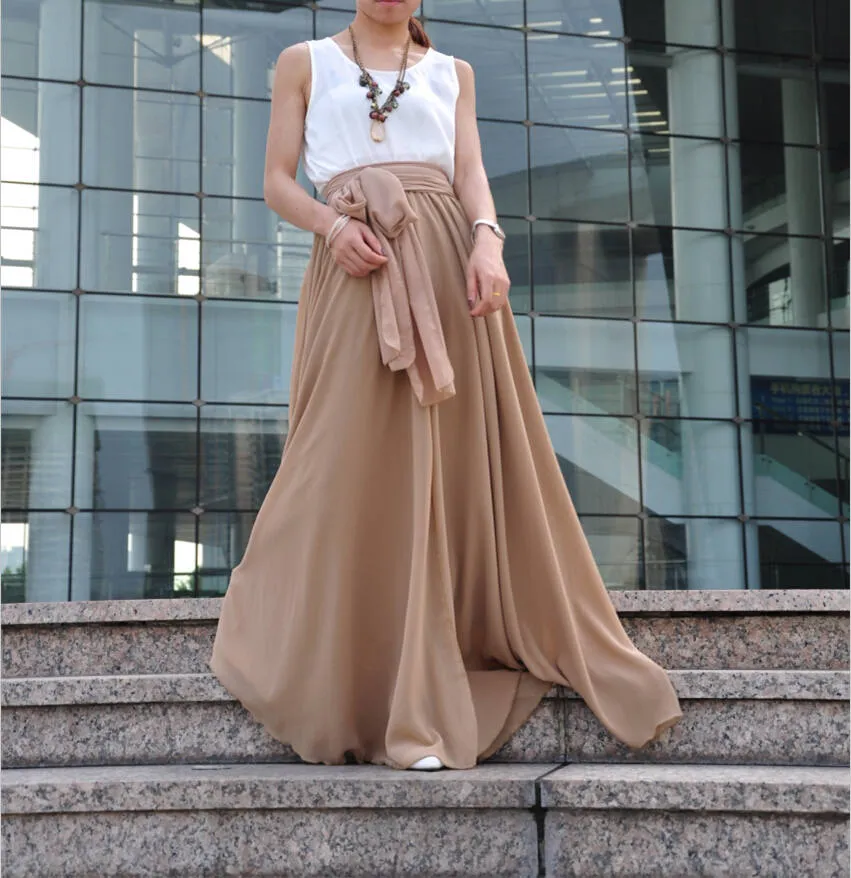 High Waist Maxi Skirt Chiffon Silk Skirts Beautiful Bow Tie Elastic Waist Summer Skirt Floor Length Long Skirt (037), #105