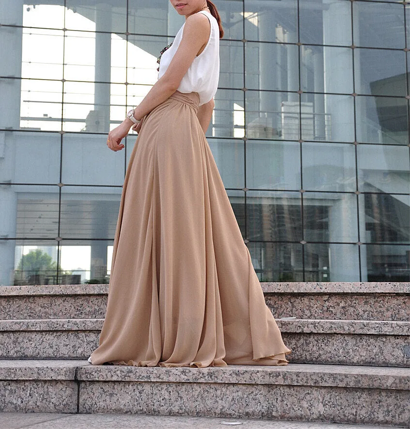High Waist Maxi Skirt Chiffon Silk Skirts Beautiful Bow Tie Elastic Waist Summer Skirt Floor Length Long Skirt (037), #105