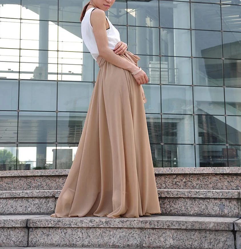 High Waist Maxi Skirt Chiffon Silk Skirts Beautiful Bow Tie Elastic Waist Summer Skirt Floor Length Long Skirt (037), #105