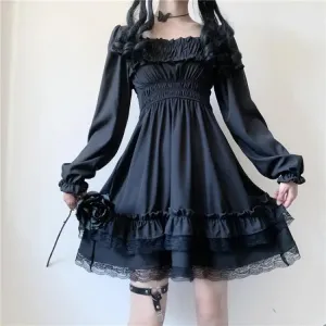 Japanese Harajuku Dark Style Square Collar Lace Puff Sleeve Black Dress