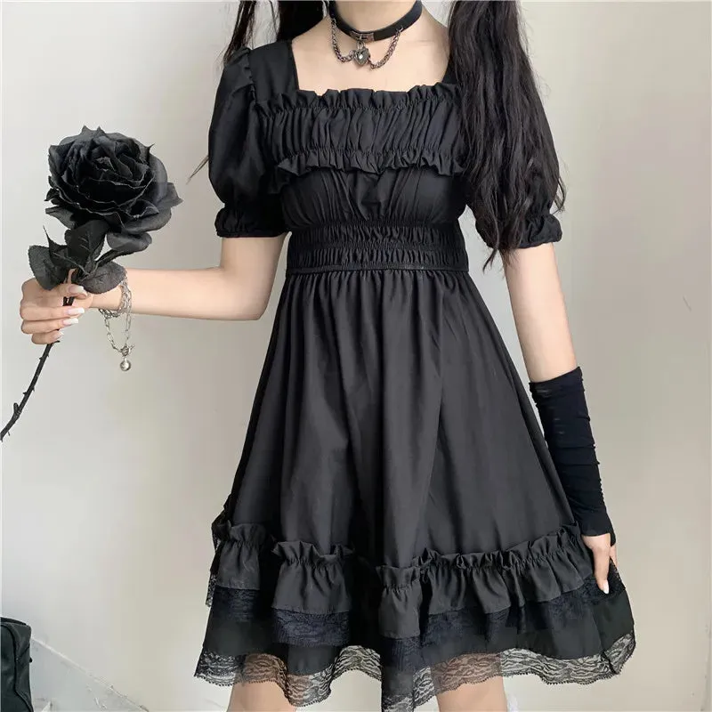 Japanese Harajuku Dark Style Square Collar Lace Puff Sleeve Black Dress