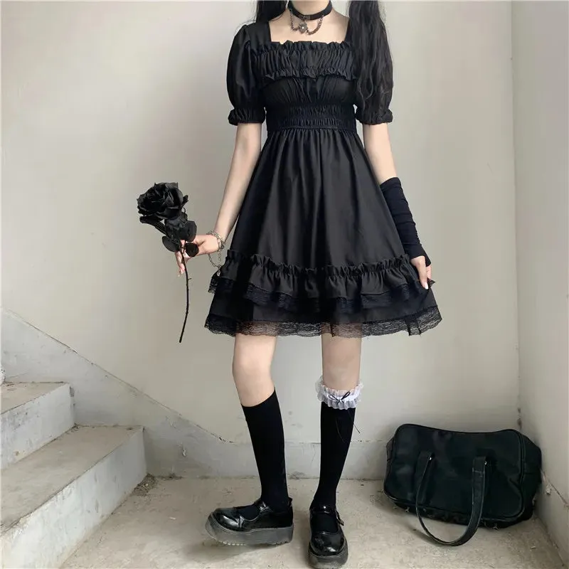 Japanese Harajuku Dark Style Square Collar Lace Puff Sleeve Black Dress