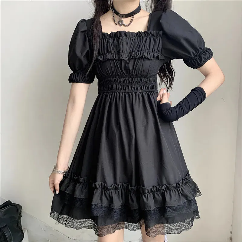 Japanese Harajuku Dark Style Square Collar Lace Puff Sleeve Black Dress
