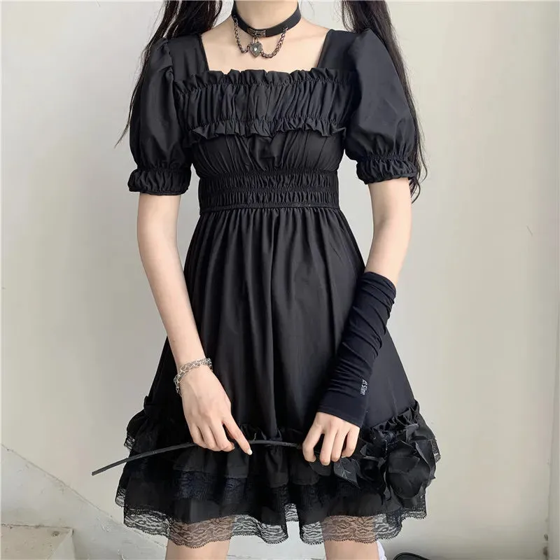 Japanese Harajuku Dark Style Square Collar Lace Puff Sleeve Black Dress