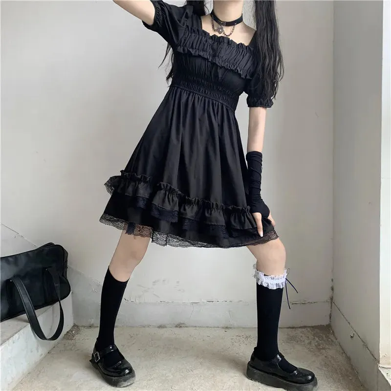 Japanese Harajuku Dark Style Square Collar Lace Puff Sleeve Black Dress