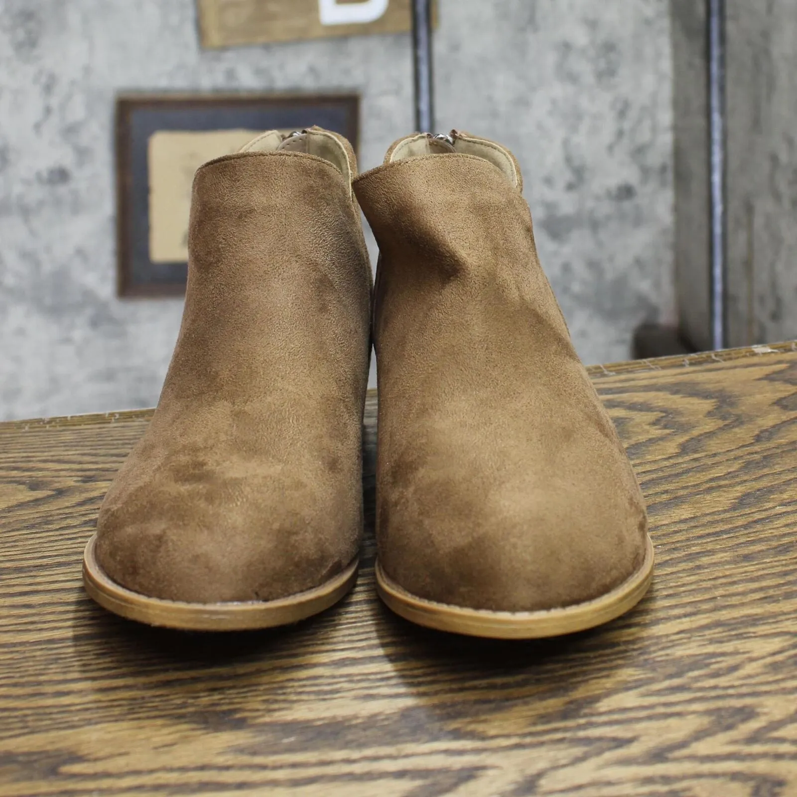 Journee Collection Livvy Back Heel Zip Stacked Heel Booties Taupe Brown 8.5M