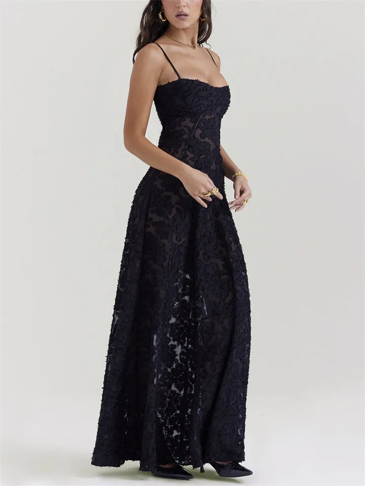 Ladies French Style Spaghetti Strap Backless Lace Long Dress