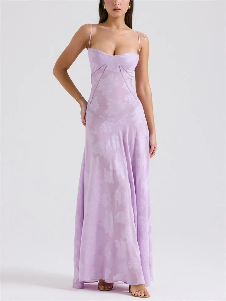 Ladies French Style Spaghetti Strap Backless Lace Long Dress