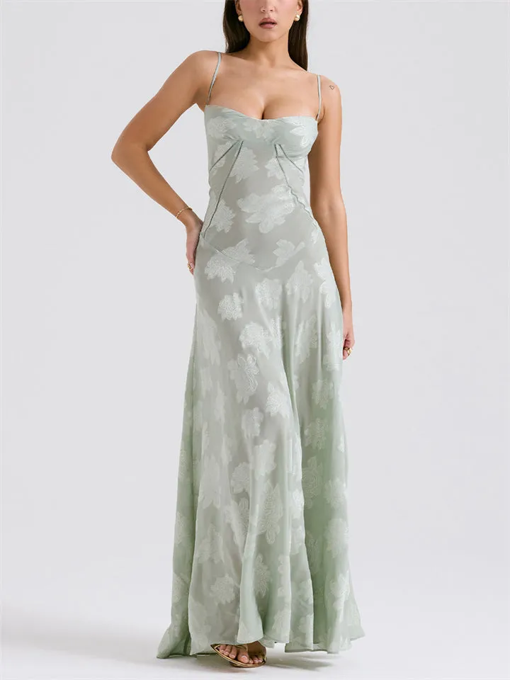 Ladies French Style Spaghetti Strap Backless Lace Long Dress
