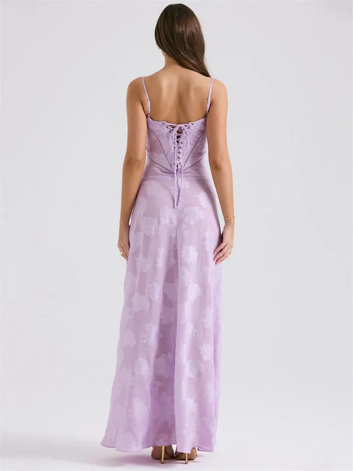 Ladies French Style Spaghetti Strap Backless Lace Long Dress