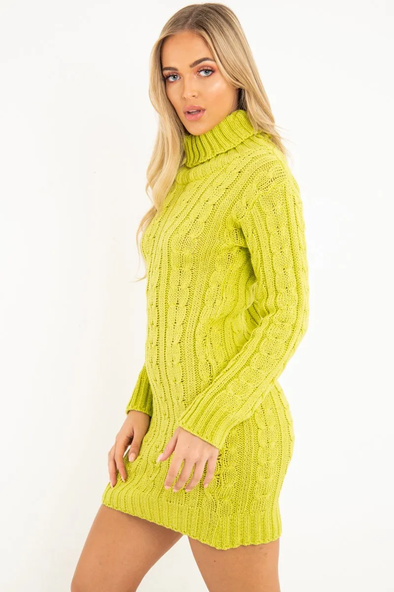 Lime Cable Knit Roll Neck Jumper Dress - Matilda
