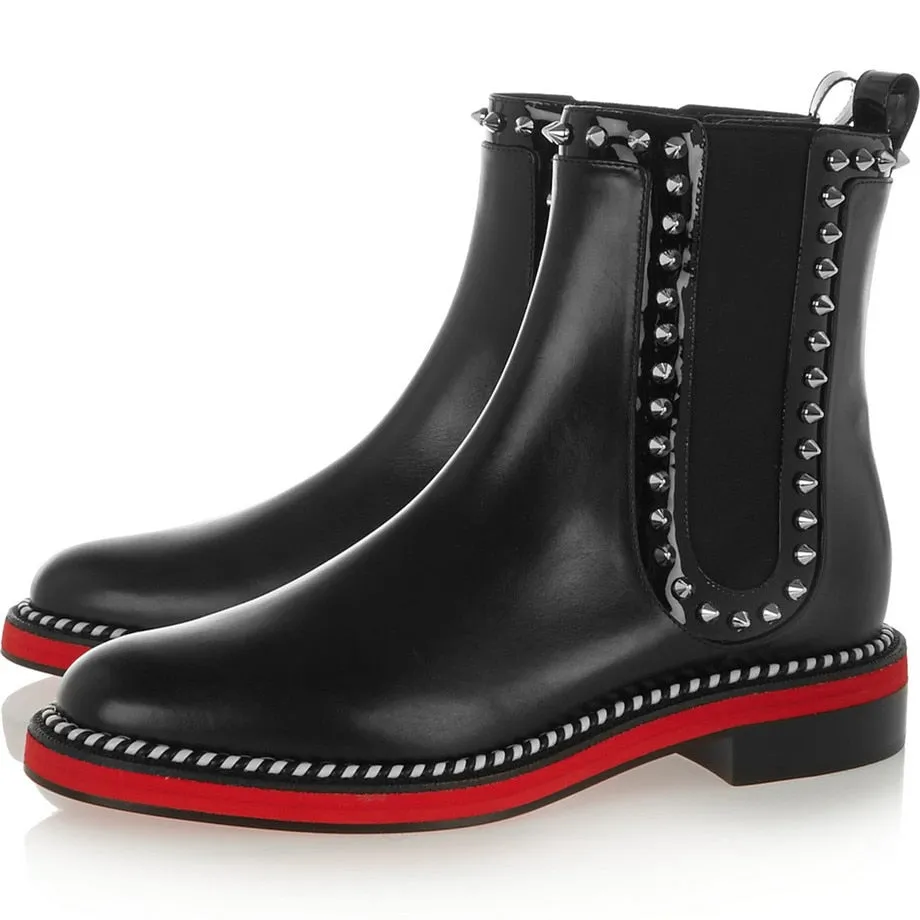 Luxury Genuine Leather Chelsea Boots Woman Brand Design Flat boots Fall Red Ankle Boots Ladies Fashion Studded Boots