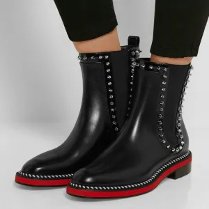 Luxury Genuine Leather Chelsea Boots Woman Brand Design Flat boots Fall Red Ankle Boots Ladies Fashion Studded Boots